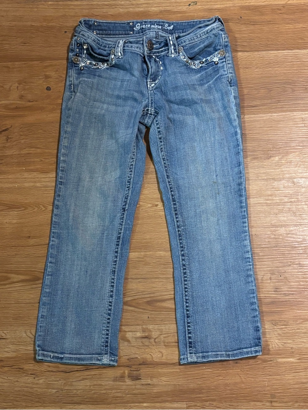 Grace in LA Women's Light Blue Straight Leg Jeans with Embellished Pockets